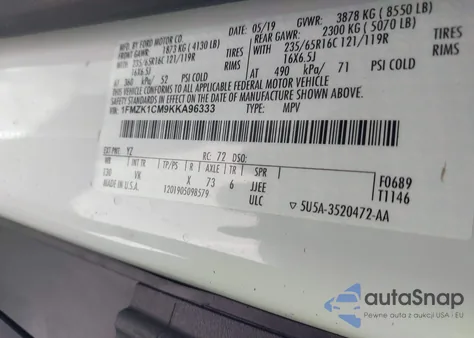 2019 Ford Transit-150 Xl z USA, uszkodzony, nr VIN 1FMZK1CM9KKA96333